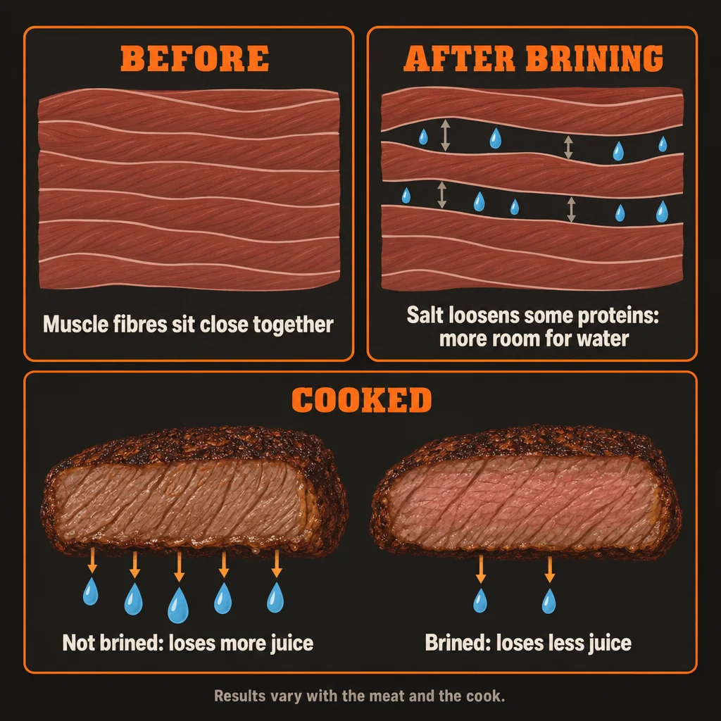 Inside the meat, before and after brining. Before brining the muscle fibres sit close together. After brining, salt has loosened some of the proteins, so there is more room for water. Cooked: meat that was not brined loses more juice, brined meat loses less. Results vary with the meat and the cook.