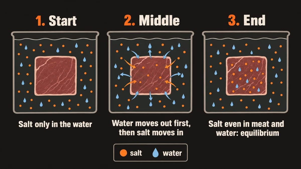Meat in brine, over time, in three steps. At the start the salt is only in the water. In the middle a little water moves out of the meat first, then salt moves in. At the end the salt is spread evenly through the meat and the water, which is called equilibrium.