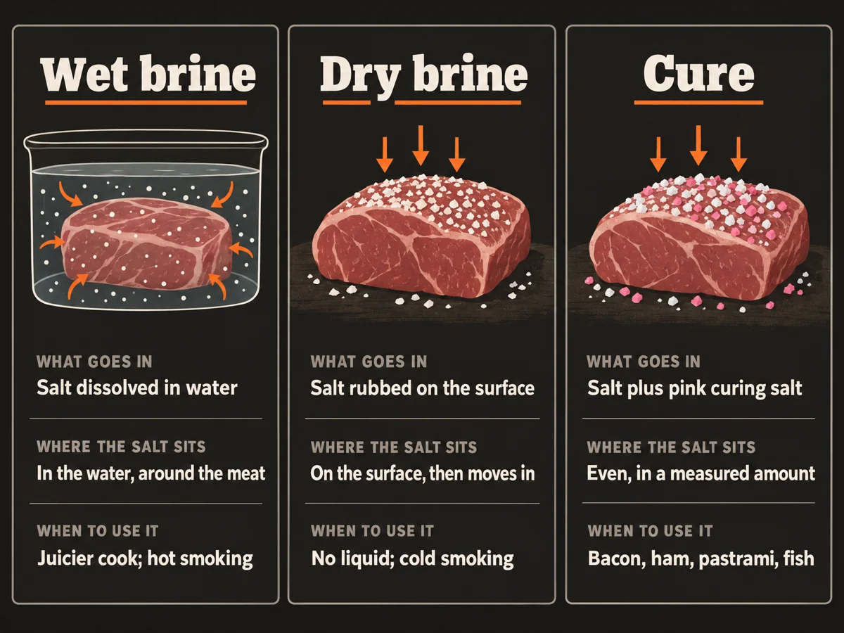 Wet brine, dry brine and cure, side by side. Wet brine: salt dissolved in water; the salt sits in the water, around the meat; use it for a juicier cook and hot smoking. Dry brine: salt rubbed on the surface; it sits on the surface, then moves in; use it when you want no liquid, and for cold smoking. Cure: salt plus pink curing salt, even, in a measured amount; for bacon, ham, pastrami and fish.